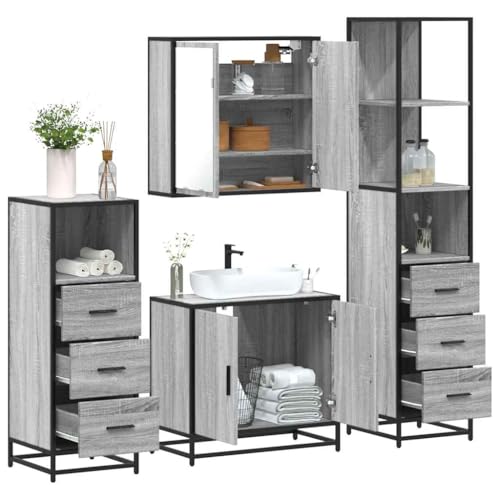 Youuihom 4-TLG. Badmöbel Set Grau Sonoma aus Holzwerkstoff und Metall Spiegelschrank Waschbeckenunterschrank mit Stauraum Badezimmerschrank hoch und niedrig für Moderne Badezimmer Youuihom 4-TLG. Badmöbel Set Grau Sonoma aus Holzwerkstoff und Metall Spiegelschrank Waschbeckenunterschrank mit Stauraum Badezimmerschrank hoch und niedrig für Moderne Badezimmer von Youuihom