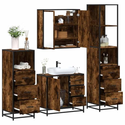 Youuihom 4-TLG. Badmöbel Set Räuchereiche aus Holzwerkstoff & Metall Spiegelschrank Waschbeckenunterschrank mit Stauraum Badezimmerschrank hoch & niedrig Modernes Design für kleine Badezimmer von Youuihom