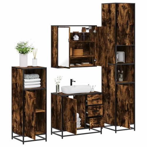Youuihom 4-TLG. Badmöbel-Set Räuchereiche aus Holzwerkstoff und Metall Spiegelschrank Waschbeckenunterschrank mit Stauraum für Badezimmer Modernes Design von Youuihom
