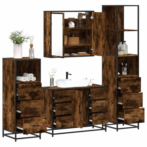 Youuihom 4-TLG. Badmöbel-Set Räuchereiche aus Holzwerkstoff und Metall Spiegelschrank mit Waschbeckenunterschrank und 2 Badschränken Stilvoll & Platzsparend für Moderne Badezimmer von Youuihom
