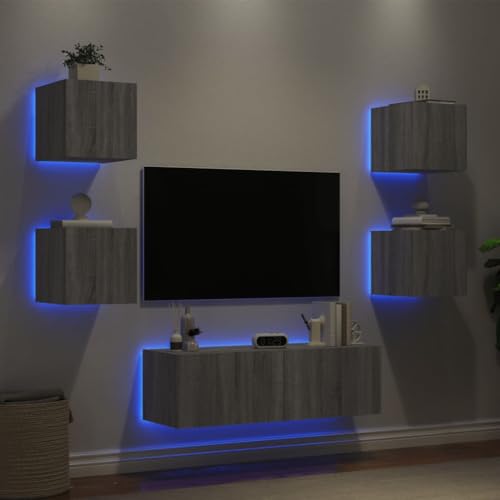 Youuihom 5-TLG TV-Wandschrank Set Grau Sonoma mit RGB LED Beleuchtung Holzwerkstoff Hängeschränke 100x35x31 cm & 4×30,5x35x30 cm Modernes TV Board für Wohnzimmer Schlafzimmer und Flur von Youuihom