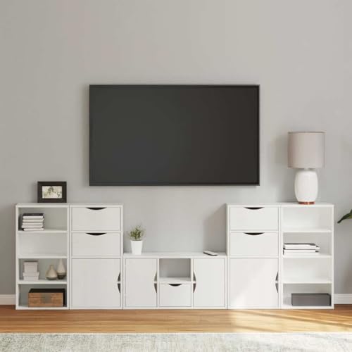 Youuihom 5-TLG. Wohnwand mit Stauraum ODDA Weiß Massivholz Kiefer Tv Tisch Tv Board Hängend Wohnzimmer Möbel Fernsehtisch Hoch für Inneres Schlafzimmer Flur Wohnstube von Youuihom