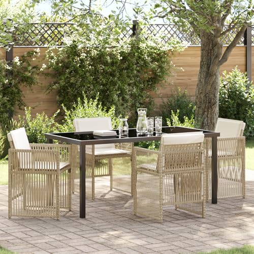Youuihom 5-teilige Garten Essgruppe aus Poly Rattan mit Kissen Beige Moderner Esstisch und 4 Stühle aus Stahl für Terrasse Garten und Balkon Robustes Wetterfestes Design von Youuihom