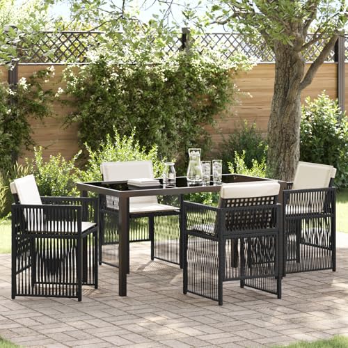 Youuihom 5-teiliges Garten Esstisch Set Schwarz Modernes Design mit Kissen aus Poly Rattan Robuster Stahlrahmen für Terrasse Balkon und Garten Youuihom 5-teiliges Garten Esstisch Set Schwarz Modernes Design mit Kissen aus Poly Rattan Robuster Stahlrahmen für Terrasse Balkon und Garten von Youuihom