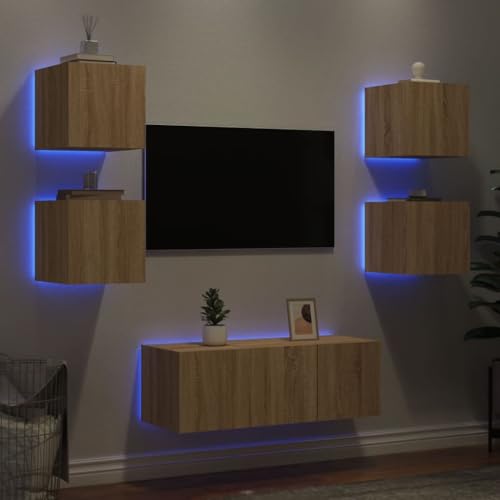 Youuihom 6-TLG. Wohnwand mit LED-Beleuchtung Sonoma-Eiche Holzwerkstoff Tv Bank Wohnzimmer Möbel Sideboard Tv Lowboard Fernsehschrank für Inneres Wohnstube Schlafzimmer Flur von Youuihom