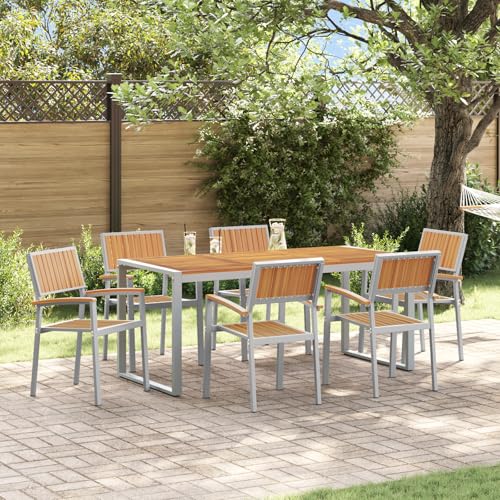Youuihom 7-teiliges Garten Essset aus massivem Akazienholz und Metall Grau Rechteckiger Esstisch mit 6 Stühlen für Balkon Terrasse oder Garten Robustes Outdoor Möbelset für 6 Personen von Youuihom