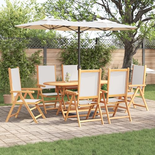 Youuihom 7-teiliges Gartentischset aus Akazienholz in Creme Rechteckiger Outdoor Esstisch mit verstellbaren Sitzen für 6 Personen Rustikales Design für Terrasse Balkon und Garten von Youuihom