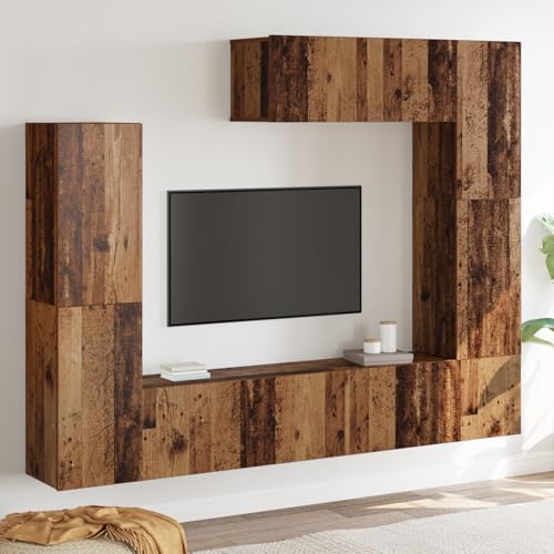 Youuihom 7 teiliges TV Schrank Set Braun Naturholz Wandmontiert mit Rustikalem Altholz Design Praktischer Stauraum für Wohnzimmer von Youuihom