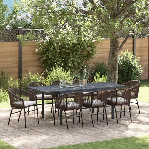 Youuihom 8 Personen Gartentisch Set mit Stühlen Rechteckiger Esstisch Outdoor aus Metall und Rattan Modernes Design Braun Grau Wetterfest für Garten Balkon Terrasse von Youuihom