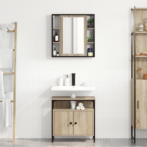 Youuihom Badezimmermöbel Set 2 Teile Sonoma Eiche Moderne Spiegelschrank und Standschrank mit 4 Regalen Robuste Spanplatte Mattes Finish Platzsparend für Kleine Badezimmer von Youuihom