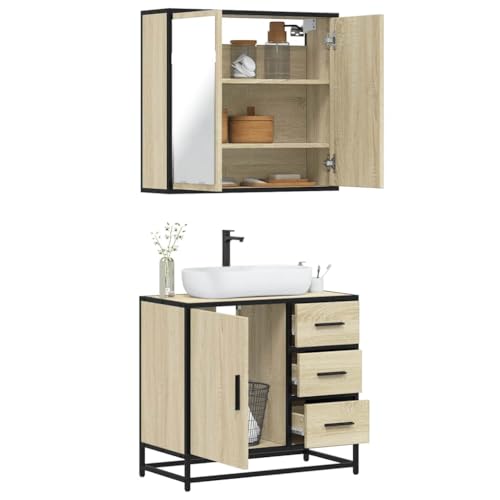 Youuihom Badezimmerschrank Set 2-TLG Sonoma Eiche Badmöbel Spiegelschrank & Waschbeckenunterschrank 65 x 60 cm Holzwerkstoff Metallgestell Stauraum für Bad WC von Youuihom