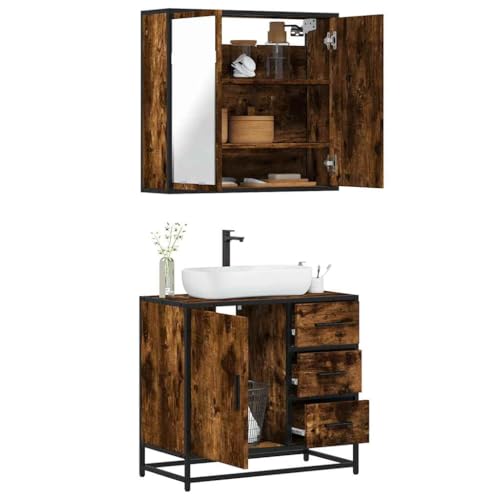 Youuihom Badezimmerschrank Set 2 Teilig Räuchereiche Holzwerkstoff Spiegelschrank 65 cm und Waschbeckenunterschrank mit Metallgestell Stabiles Badmöbel für Kleine Bäder von Youuihom