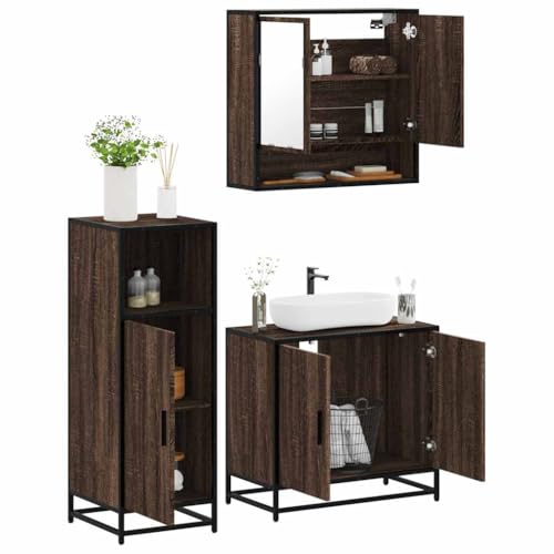 Youuihom Badezimmerschrank Set 3 TLG Braun Eichen Optik Badmöbel mit Spiegelschrank Waschbeckenunterschrank Stauraum für Badutensilien 65 x 60 cm von Youuihom