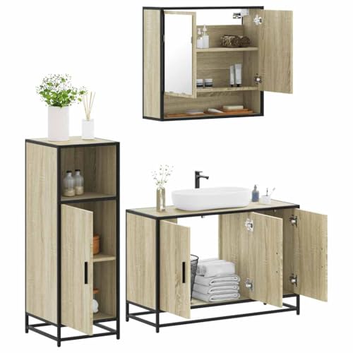 Youuihom Badezimmerschrank Set 3-TLG in Sonoma-Eiche Badmöbel mit Spiegelschrank Waschbeckenunterschrank und Stauraum für Toilettenartikel 65 x 20 x 60 cm von Youuihom