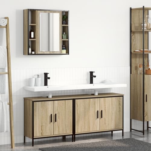 Youuihom Badezimmerschrank Set 3 Teile Modernes Design Sonoma Eiche Holzwerkstoff Feuchtigkeitsbeständig mit Spiegelschrank und Wandmontage Zubehör für Kleine Badezimmer von Youuihom