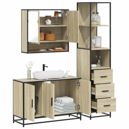 Youuihom Badezimmerschrank Set 3 Teile Sonoma Eiche Badmöbel mit Spiegelschrank Waschbeckenunterschrank und Badschrank Holzwerkstoff Metallgestell Stilvoll und Platzsparend für Kleine Bäder von Youuihom