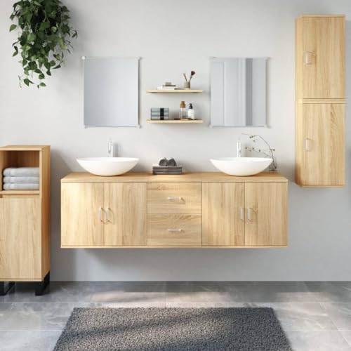 Youuihom Badezimmerschrank Set 7-TLG in Eichenoptik mit Spiegel Waschbeckenunterschrank und Wandschränken 150 x 45 x 45 cm Stauraum Holzwerkstoff Modernes Design für Bad WC und Flur von Youuihom