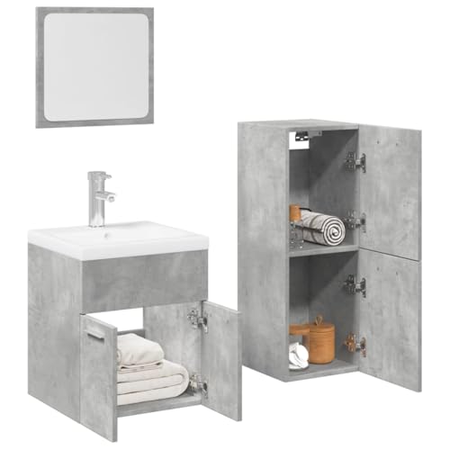 Youuihom Badezimmerschrank Set Betongrau Badmöbel aus Holzwerkstoff mit Waschbecken Spiegel und Hochschrank 41 x 38.5 x 46 cm Praktisch & Modern mit Stauraum für Badutensilien von Youuihom