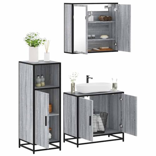 Youuihom Badezimmerschrank Set Grau Sonoma 3 Teilig Badmöbel mit Spiegel Waschbeckenunterschrank und Schrank Stilvolles Design Robustes Material für Modernes Badezimmer von Youuihom