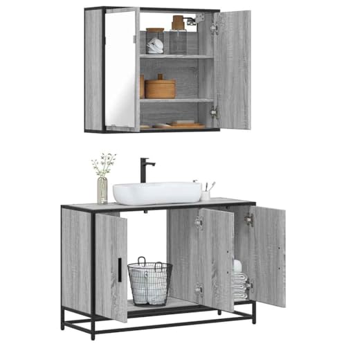 Youuihom Badezimmerschrank Set Grau Sonoma 65 x 20 x 60 cm und 90 x 33 x 60 cm Holzwerkstoff Metall Badmöbel mit Spiegel und Waschbeckenunterschrank für kleine Badezimmer von Youuihom