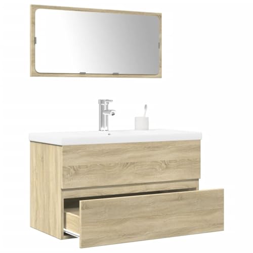 Youuihom Badezimmerschrank Set mit Waschbecken und Spiegel Sonoma Eiche Holzwerkstoff 80 x 38,5 x 45 cm Langlebig & Stauraumoptimiert für Bad WC und Gästebereich von Youuihom