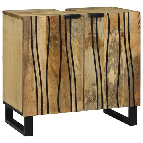 Youuihom Badezimmerschrank aus Massivholz Mango und Akazienholz 62 x 33 x 58 cm Moderner Waschbeckenunterschrank mit Wellenmuster und Metallbeinen Stauraum für Handtücher und Badezimmerartikel von Youuihom