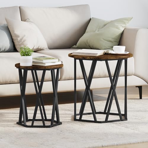 Youuihom Beistelltische 2 STK. Räuchereiche Massivholz Rund Couchtisch Braun Modern für Wohnzimmer mit Metallrahmen Platzsparend und Stilvoll von Youuihom