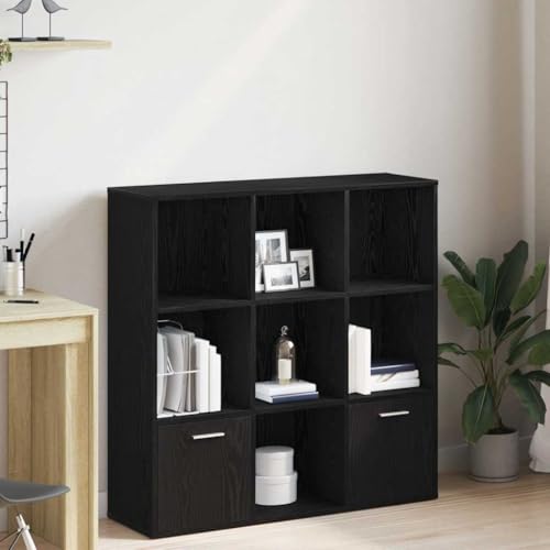 Youuihom Bücherschrank Schwarz Eichen-Optik Holzwerkstoff 98x29x97,5 cm Schmal Hoch mit 7 Offenen Fächern und 2 Türen für Stauraum im Wohnzimmer Büro oder als Deko Regal von Youuihom