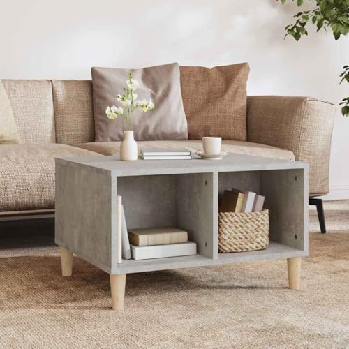 Youuihom Couchtisch Betongrau aus Holzwerkstoff mit Massivholz Beinen und 4 offenen Fächern, 60x50x36,5 cm, praktischer Stauraum für Wohnzimmer, Schlafzimmer oder als Beistelltisch von Youuihom
