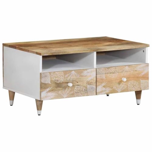 Youuihom Couchtisch Massivholz Mango 80x54x40 cm mit 2 Schubladen Beistelltisch Sofatisch Stauraum Natur für Wohnzimmer von Youuihom