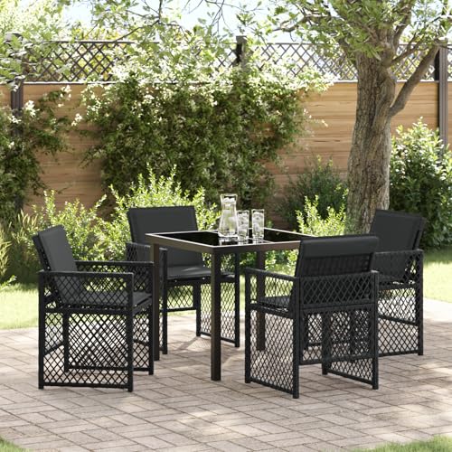 Youuihom Garten Essgruppe Schwarz 4 Sitzer Quadratisch Metallstahl Outdoor Esstisch mit Polsterstühlen Modernes Design für Terrasse Balkon und Garten von Youuihom