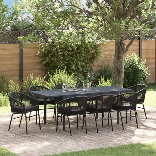 Youuihom Garten Essset Schwarz 8 Stühle mit Kissen Moderner Esstisch Outdoor Rechteckig aus Metall und Poly Rattan für Terrasse Balkon und Garten von Youuihom