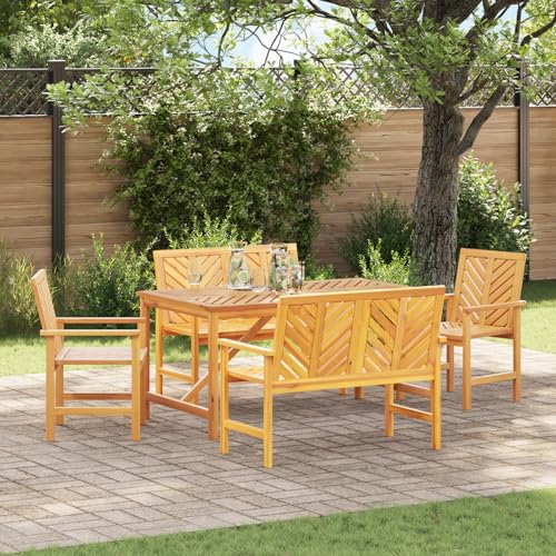 Youuihom Garten Essset aus massivem Akazienholz mit 2 Bänken und 2 Stühlen Rechteckiger Esstisch für 6 Personen Robustes Outdoor Möbel für Terrasse und Garten von Youuihom