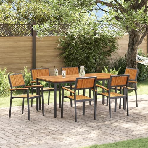 Youuihom Garten Esstisch Set aus Metall und Akazienholz 7 teilig mit 6 Stühlen und Tisch für 6 Personen Wetterfestes Outdoor Esszimmer Set für Terrasse Garten und Balkon von Youuihom