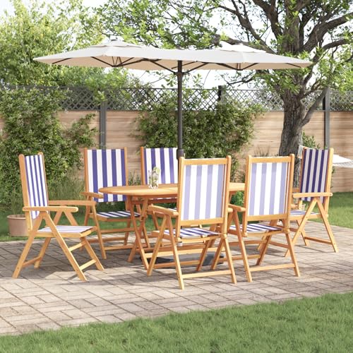 Youuihom Garten Esstisch Set aus massivem Akazienholz mit blau-weißem Streifenstoff 7-teilig Modernes Design für Terrasse Balkon und Garten von Youuihom