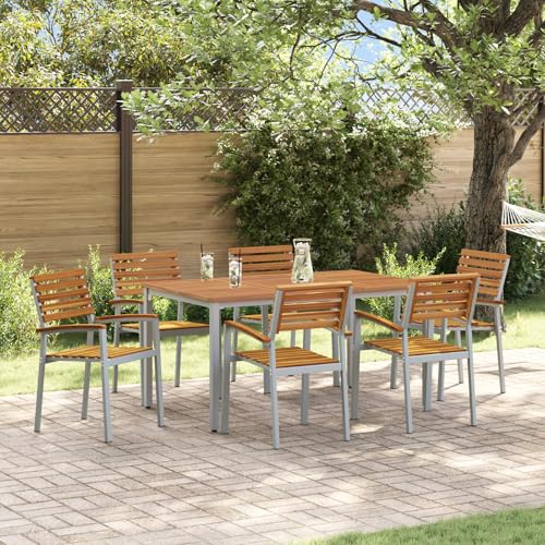 Youuihom Garten Esszimmer Set 7-teilig mit Rechteckigem Tisch und 6 Stühlen aus Metall und Akazienholz Modernes Design Wetterfest für Terrasse Balkon und Garten Grau Braun Youuihom Garten Esszimmer Set 7-teilig mit Rechteckigem Tisch und 6 Stühlen aus Metall und Akazienholz Modernes Design Wetterfest für Terrasse Balkon und Garten Grau Braun von Youuihom