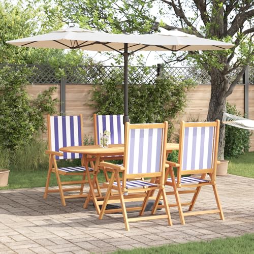 Youuihom Garten Esszimmer Set aus massivem Teakholz mit blau-weißen Streifen 5-teilig Klappbare Stühle & Reclining Function für Balkon Terrasse oder Garten Youuihom Garten Esszimmer Set aus massivem Teakholz mit blau-weißen Streifen 5-teilig Klappbare Stühle & Reclining Function für Balkon Terrasse oder Garten von Youuihom