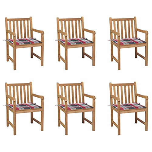 Youuihom Gartenstühle 6 STK. Rote Karomuster-Kissen Massivholz Teak Camping Stühle Campingstuhl Gartenstühle Balkonstühle für Balkon Strand Camping Garten von Youuihom