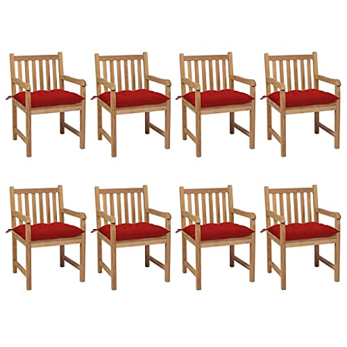Youuihom Gartenstühle 8 STK. mit Roten Kissen Massivholz Teak Balkonstühle Strandstuhl Loungesessel Outdoor Balkonstuhl für Garten Balkon Strand Camping von Youuihom