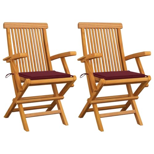 Youuihom Gartenstühle mit Weinroten Kissen 2 STK. Massivholz Teak Camping-Stühle Gartenstühle Loungesessel Outdoor Balkonstuhl für Balkon Strand Garten Camping von Youuihom