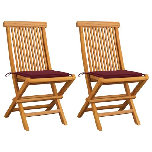 Youuihom Gartenstühle mit Weinroten Kissen 2 STK. Massivholz Teak Outdoor Stuhl Gartenstühle Gartenstuhl Outdoor Sessel für Camping Garten Balkon Strand von Youuihom