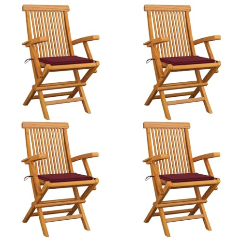 Youuihom Gartenstühle mit Weinroten Kissen 4 STK. Massivholz Teak Camping-Stühle Gartenstühle Loungesessel Outdoor Balkonstuhl für Balkon Strand Garten Camping von Youuihom