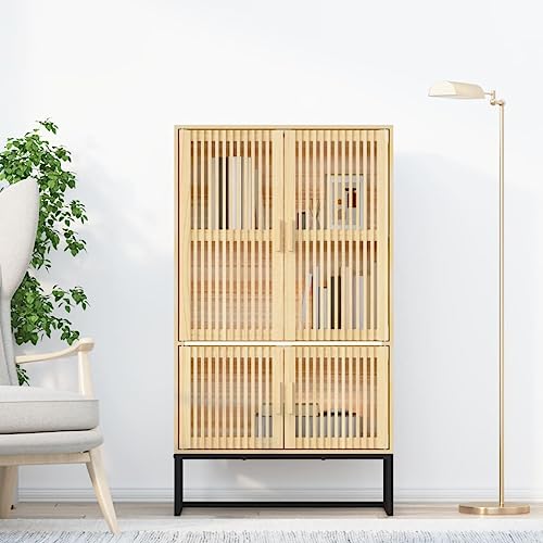 Youuihom Highboard Schrank Aufbewahrung 70x35x125 cm Holzwerkstoff mit Massiv Kieferntüren und Eisenfüßen Stauraum für Wohnzimmer Küche Zeitloses Design von Youuihom
