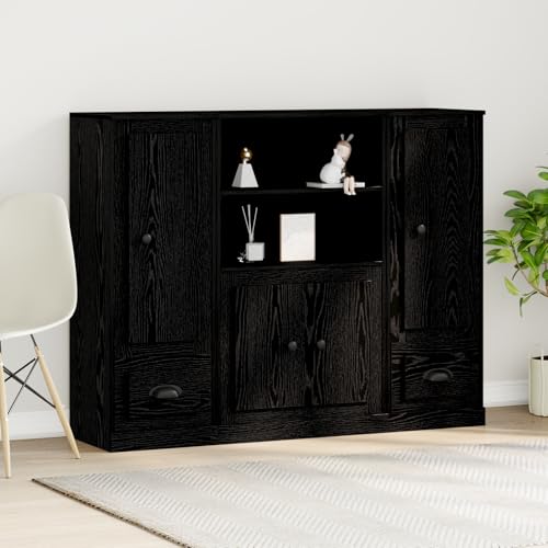 Youuihom Highboard Schwarz Eiche 132x35,5x103,5 cm Massivholz Sideboard mit 3 Türen und 2 Schubladen Modernes Design für Wohnzimmer Esszimmer und Flur von Youuihom