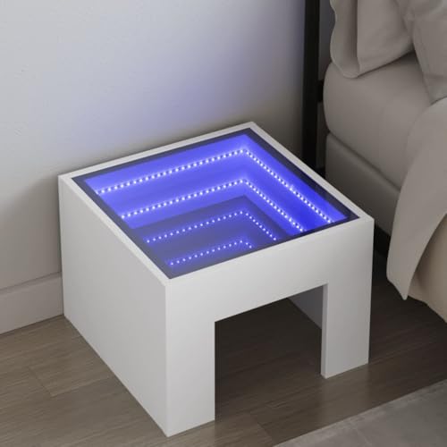 Youuihom Infinity LED Nachttisch Weiß 40x40x30 cm aus Holzwerkstoff und Glas Schmal Klein Modern mit RGB Beleuchtung für Schlafzimmer Beistelltisch von Youuihom