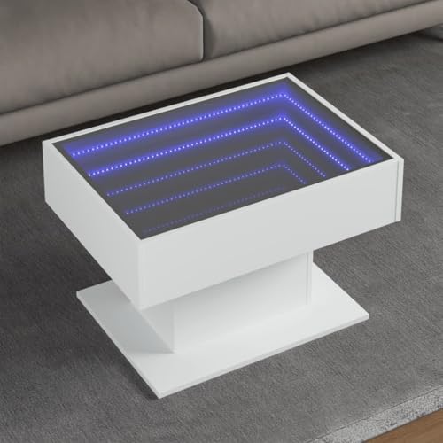 Youuihom LED Couchtisch Weiß mit Infinity Spiegel RGB Beleuchtung 70x50x45 cm Holzwerkstoff Glas Vielseitiger Beistelltisch, für Schlafzimmer von Youuihom