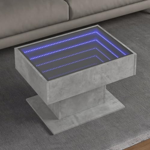 Youuihom LED Couchtisch mit Infinity Spiegel Betongrau 70x50x45 cm Holzwerkstoff Glas RGB Beleuchtung Robuster Beistelltisch, für Schlafzimmer von Youuihom