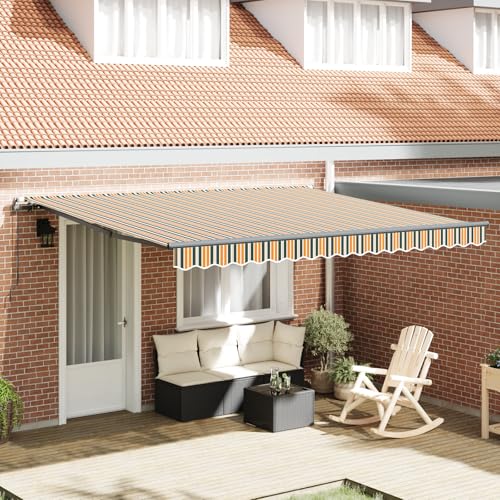 Youuihom Manuell ausziehbare Markise in Grün und Gelb 400 x 300 cm Robustes Polyester mit Streifendesign für Terrasse Balkon und Garten Sonnenschutz mit Montageschienen von Youuihom