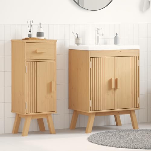 Youuihom Modernes Waschbecken und Schrank Set aus Massivholz Kiefer mit 3 Türen und Stauraum Beige Rechteckig Matt für Badezimmer von Youuihom