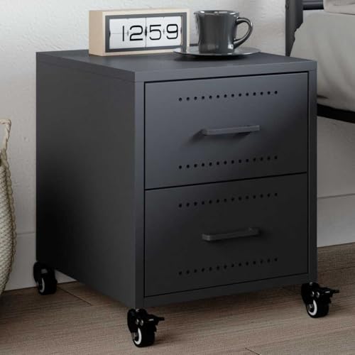 Youuihom Nachttisch Anthrazit 36 x 39 x 43,5 cm Kaltgewalzter Stahl Moderner Beistelltisch mit 2 Schubladen und Rollen für Schlafzimmer und Wohnzimmer von Youuihom